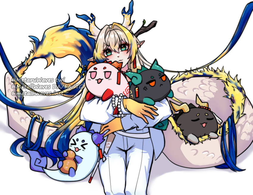 1boy 4girls anger_vein arknights brooch chongyue_(arknights) closed_mouth dragon dragon_bubble_(arknights) dragon_girl dragon_horns dragon_tail dusk_(arknights) earrings eastern_dragon eastern_dragon_horns eastern_dragon_tail gourd green_eyes hair_between_eyes hair_ornament highres holding holding_gourd horns hug jewelry ling_(arknights) long_hair long_sleeves looking_at_viewer metall_waves multiple_girls nian_(arknights) open_mouth pointy_ears shu_(arknights) simple_background tail tassel tassel_earrings white_background white_hair