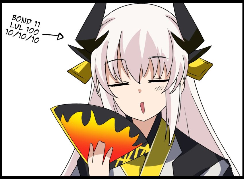 1girl closed_eyes english_text fate/grand_order fate_(series) hand_fan kiyohime_(fate) kiyohime_(third_ascension)_(fate) r31_44 white_hair