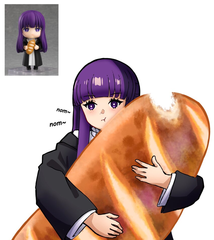 1girl bread chewing fern_(sousou_no_frieren) food food_bite highres holding holding_food long_hair long_sleeves looking_at_viewer oversized_food oversized_object purple_eyes purple_hair reference_inset shura_(shura_cs) solo sousou_no_frieren toy white_background