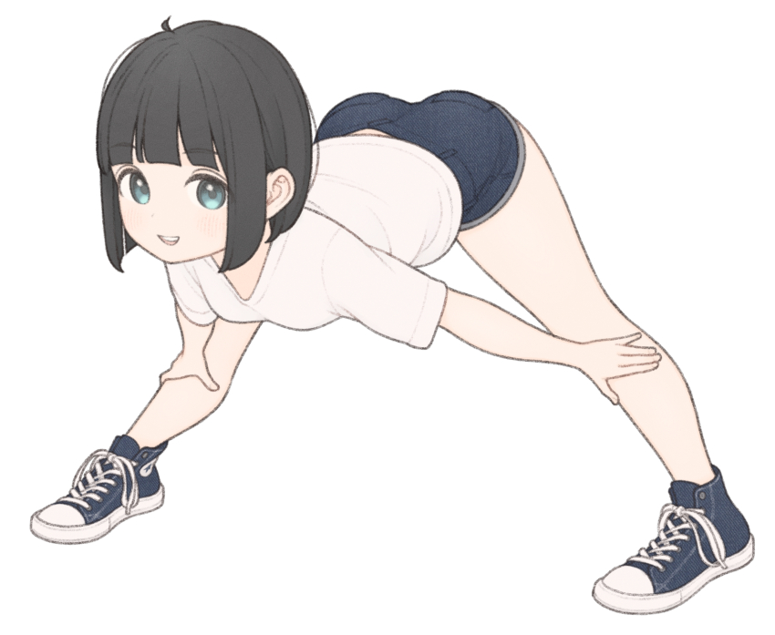 1girl 1ssakawaguchi absurdres bent_over black_hair blue_eyes bob_cut converse denim denim_shorts hands_on_own_legs highres ichika_(1ssakawaguchi) legs_apart medium_hair original shirt shoes short_shorts shorts simple_background sneakers solo white_background white_shirt