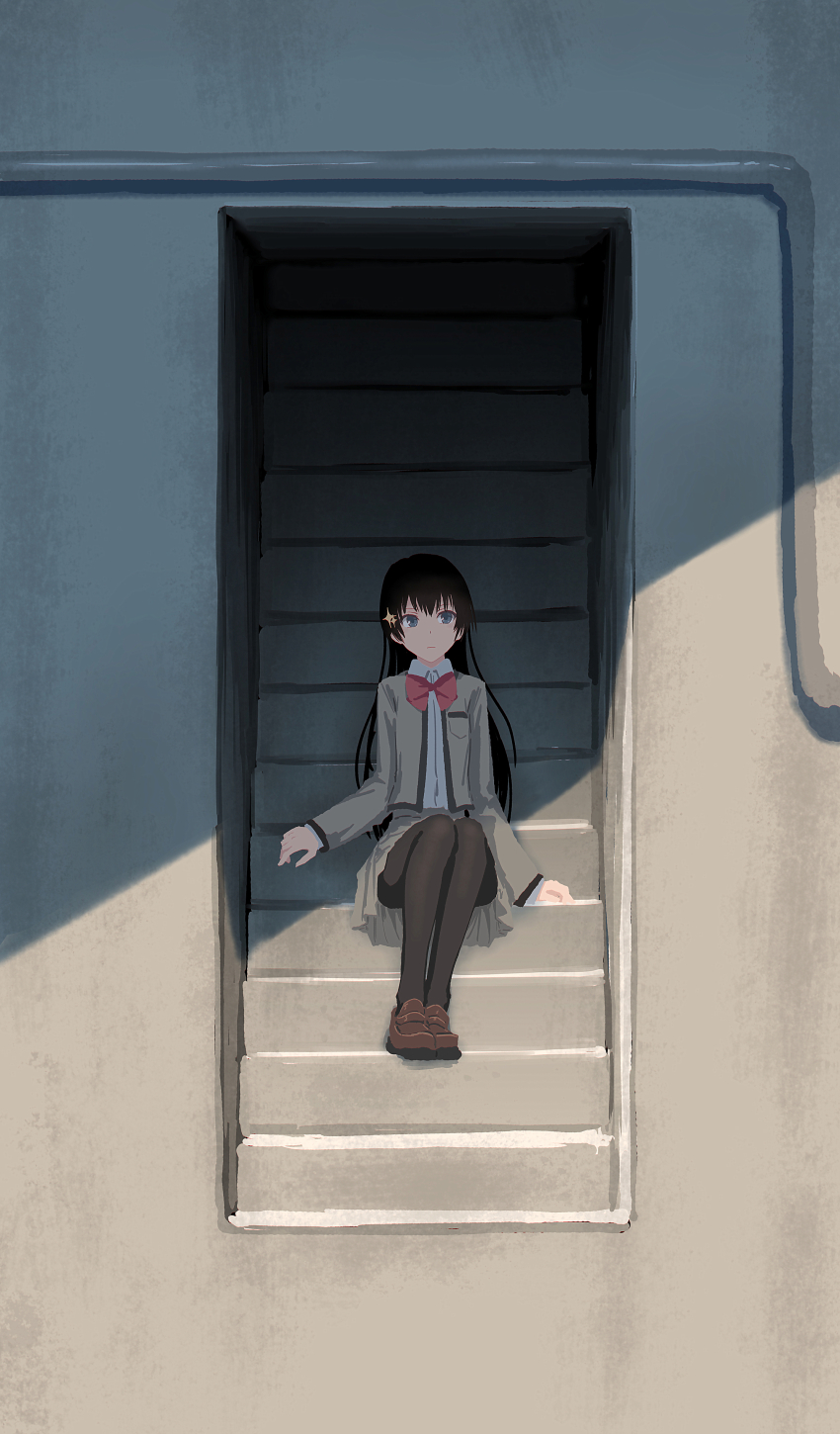 1girl absurdres black_hair black_pantyhose bow bowtie breast_pocket brown_shoes bullfalk collared_shirt commentary_request dress_shirt full_body grey_jacket grey_skirt highres jacket kagura_hikari loafers long_hair miniskirt open_clothes open_jacket pantyhose pleated_skirt pocket red_bow red_bowtie seishou_music_academy_uniform shirt shoes shoujo_kageki_revue_starlight sitting sitting_on_stairs skirt solo sparkle_hair_ornament stairs white_shirt
