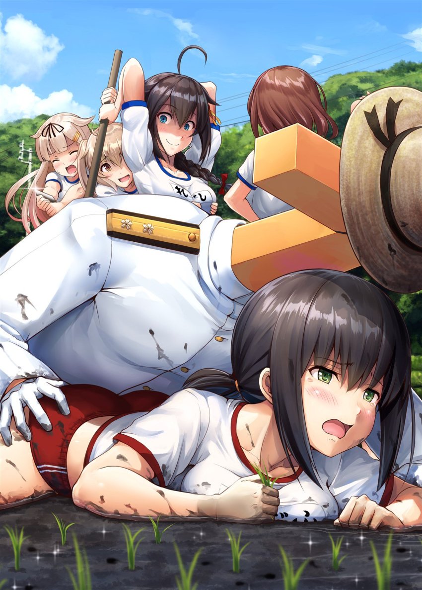 1boy 5girls admiral_(kancolle) ahoge alternate_costume ass bad_id bad_twitter_id black_hair black_ribbon blonde_hair blue_eyes blue_sky blush boy_on_top braid breast_hold breasts brown_eyes brown_hair buruma closed_mouth cloud collarbone commentary_request day dirty dirty_clothes dirty_face epaulettes fubuki_(kancolle) gloves grabbing_another&#039;s_ass gradient_hair green_eyes groping gym_uniform hair_between_eyes hair_flaps hair_ornament hair_over_shoulder hair_ribbon hairclip hand_on_another&#039;s_ass hat highres holding ichikawa_feesu kantai_collection light_brown_hair long_hair looking_at_viewer lying medium_breasts military military_hat military_uniform mud multicolored_hair multiple_girls murasame_(kancolle) name_tag naval_uniform on_stomach open_mouth outdoors plant ponytail power_lines ribbon rice_paddy school_uniform shaded_face shigure_(kancolle) shiratsuyu_(kancolle) shirt short_hair short_sleeves shorts single_braid sky smile standing t-head_admiral tearing_up tears tree twintails two_side_up water wet white_gloves yuudachi_(kancolle)