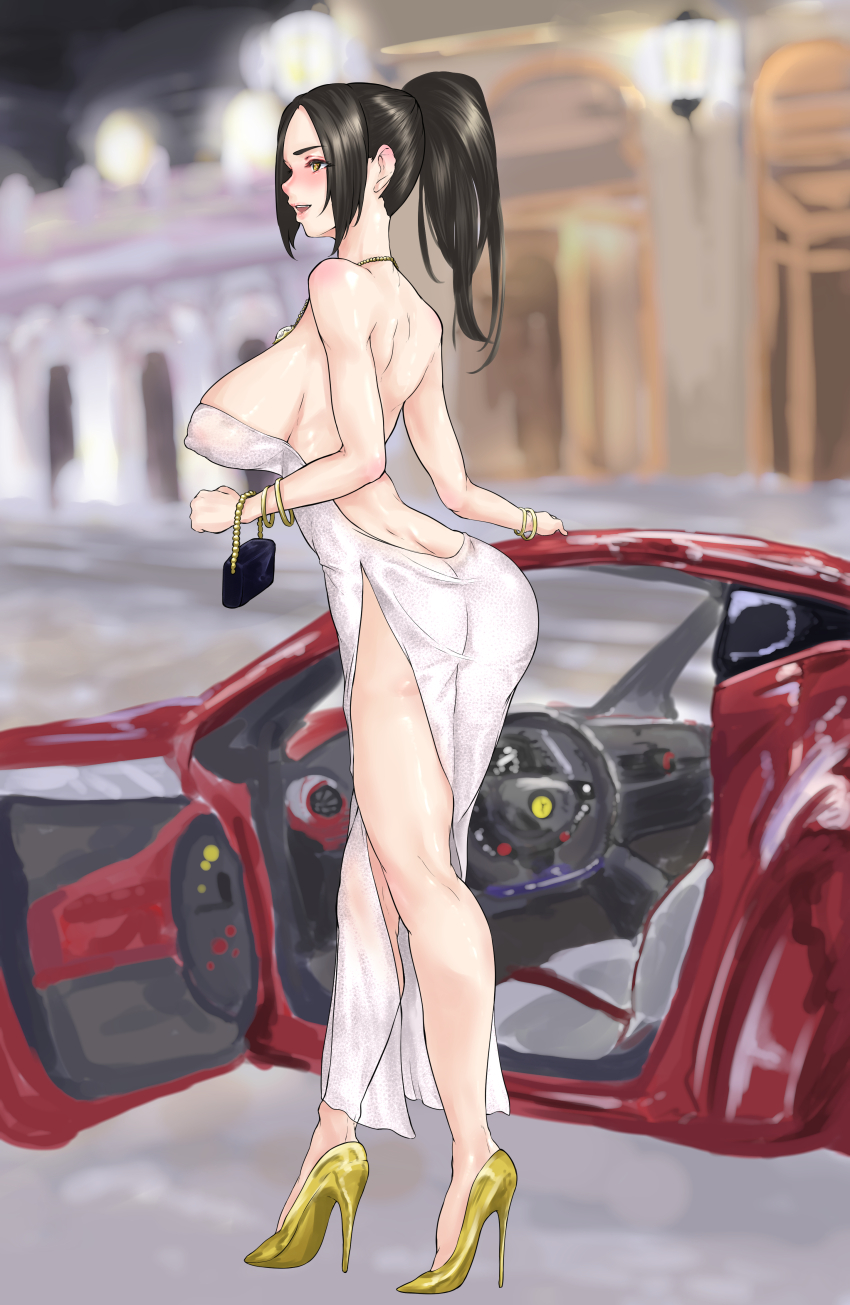 1girl ass black_hair breasts butt_crack car fatal_fury large_breasts long_hair motor_vehicle outdoors shiranui_mai standing the_king_of_fighters