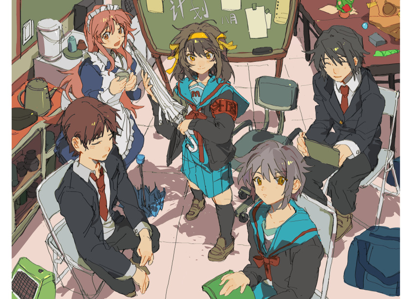 2boys 3girls absurdres apron asahina_mikuru bag black_cardigan black_hair black_jacket black_pants blazer blue_dress blue_sailor_collar blue_skirt blue_umbrella book brown_eyes brown_hair cardigan chair chalkboard closed_mouth cloudyooooo clubroom collared_shirt cup dress hair_ribbon hairband highres holding holding_book holding_cup holding_umbrella indoors jacket kita_high_school_uniform koizumi_itsuki kyon long_hair long_sleeves looking_at_viewer maid maid_apron maid_headdress medium_hair multiple_boys multiple_girls nagato_yuki necktie office_chair official_alternate_costume on_chair open_cardigan open_clothes open_jacket pants red_necktie ribbon sailor_collar school_bag school_uniform serafuku shirt short_hair sitting skirt smile sos_brigade suzumiya_haruhi suzumiya_haruhi_no_yuuutsu swivel_chair table teapot tile_floor tiles umbrella white_shirt white_umbrella winter_uniform yellow_eyes yellow_hairband yellow_ribbon