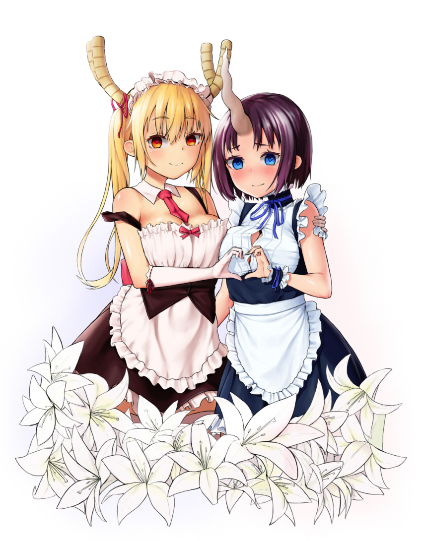 10s 2girls agnam_ore alternate_costume apron bad_id bad_pixiv_id bare_shoulders blonde_hair blue_eyes blush breasts detached_collar elbow_gloves elma_(maidragon) enmaided flower flower_request gloves hand_on_another&#039;s_shoulder heart heart-shaped_pupils heart_hands heart_hands_duo highres horn_ornament horn_ribbon horns kobayashi-san_chi_no_maidragon large_breasts lily_(flower) long_hair looking_at_viewer maid maid_headdress multiple_girls necktie orange_eyes purple_hair ribbon ribbon-trimmed_gloves ribbon_trim short_hair simple_background single_horn sleeveless smile symbol-shaped_pupils tintin tohru_(maidragon) waist_apron white_background white_gloves wrist_cuffs