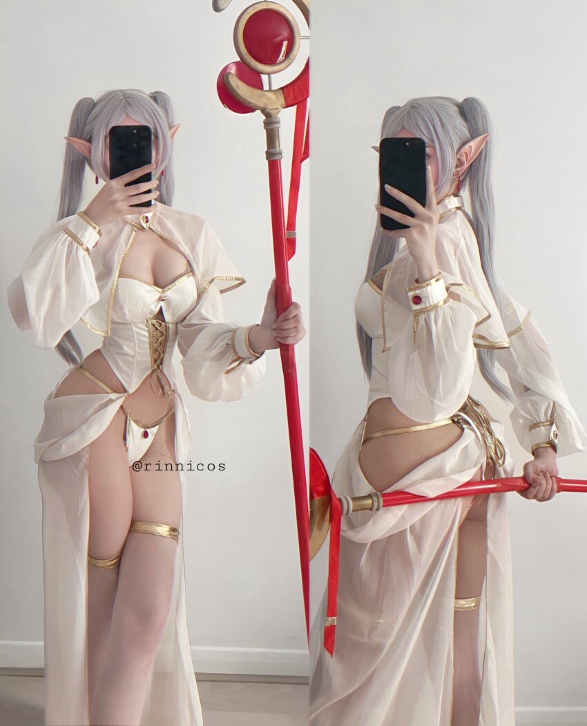 1girl ass bad_tag breasts bustier cosplay earrings frieren highres jewelry long_sleeves panties pointy_ears real_life revealing_clothes rinnicos selfie sleeve_cuffs sousou_no_frieren staff_(weapon) twintails underwear white_panties