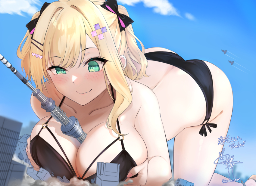 1girl aircraft airplane all_fours ass between_breasts bikini black_bikini black_bow blonde_hair blue_sky blush bow breasts breasts_squeezed_together building city cleavage destruction fighter_jet giant giantess green_eyes hair_bow hair_intakes hair_ornament hairclip heart heart_hair_ornament inaba_oden kurumi_noah large_breasts military military_vehicle multicolored_hair o-ring o-ring_bikini o-ring_top short_hair side-tie_bikini_bottom sidelocks simulated_paizuri sky smile smirk swept_bangs swimsuit top-down_bottom-up tower two_side_up virtual_youtuber vspo!