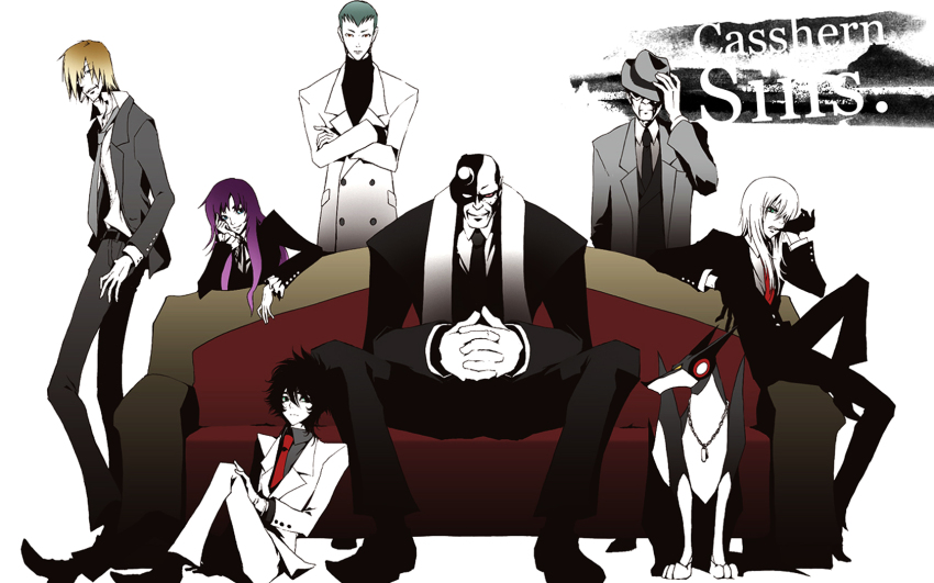 00s 1girl 6+boys akoes alternate_costume annotated braiking_boss casshern casshern_(series) casshern_sins couch dio dog dog_tags formal_clothes friender hat highres jin_(casshern_sins) leda_(casshern_sins) margo multiple_boys necktie oji_(casshern_sins) red_upholstery robot suit