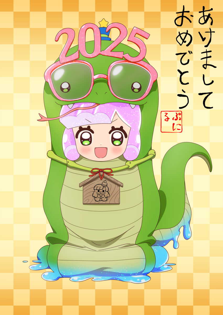 1girl 2025 absurdres animal_costume blush chinese_zodiac ema green_eyes highres looking_at_viewer monster_girl nengajou new_year official_art open_mouth pink_hair puniru_(puniru_wa_kawaii_slime) puniru_wa_kawaii_slime slime_(substance) slime_girl smile snake_costume solo year_of_the_snake
