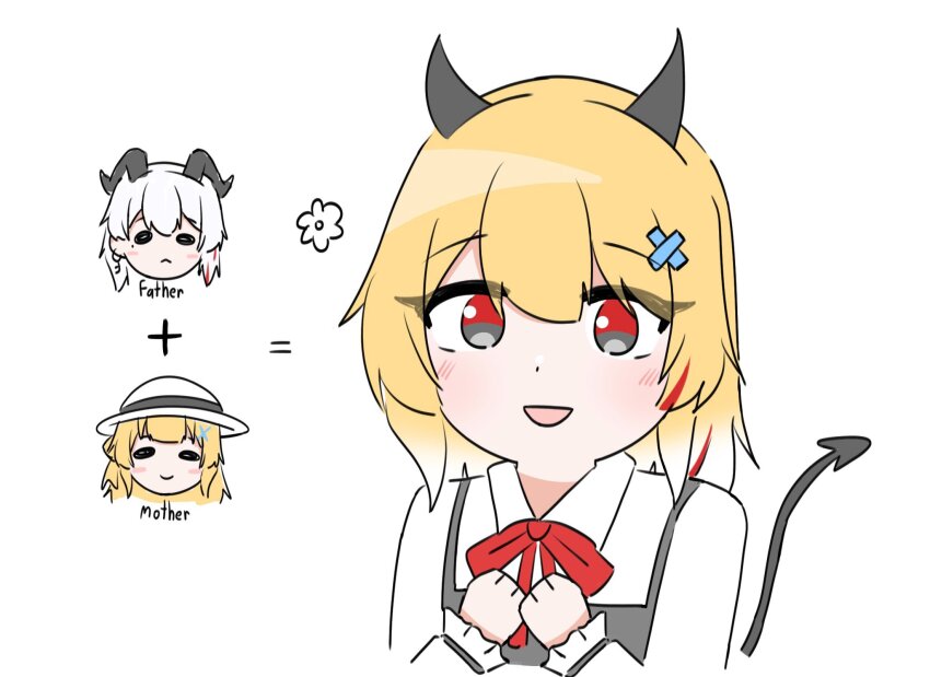 3girls black_eyes black_horns black_tail blonde_hair blush_stickers commentary curled_horns demon_horns demon_tail earrings english_commentary hair_ornament hands_up hat highres horns jewelry key_earrings multicolored_eyes multicolored_hair multiple_girls original phoebe_(wuthering_waves) red_eyes science_babies shirt simple_background smile streaked_hair tail tenrino two-tone_eyes white_background white_hair white_hat white_shirt wuthering_waves x_hair_ornament zani_(wuthering_waves)