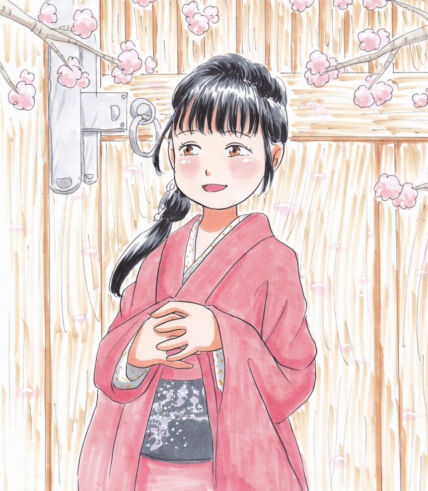 1girl absurdres black_hair blush brown_eyes cherry_blossoms fence gate highres japanese_clothes kimono long_hair long_sleeves looking_to_the_side marup obi open_mouth original own_hands_together pink_kimono ponytail sash smile standing tree wide_sleeves wooden_fence