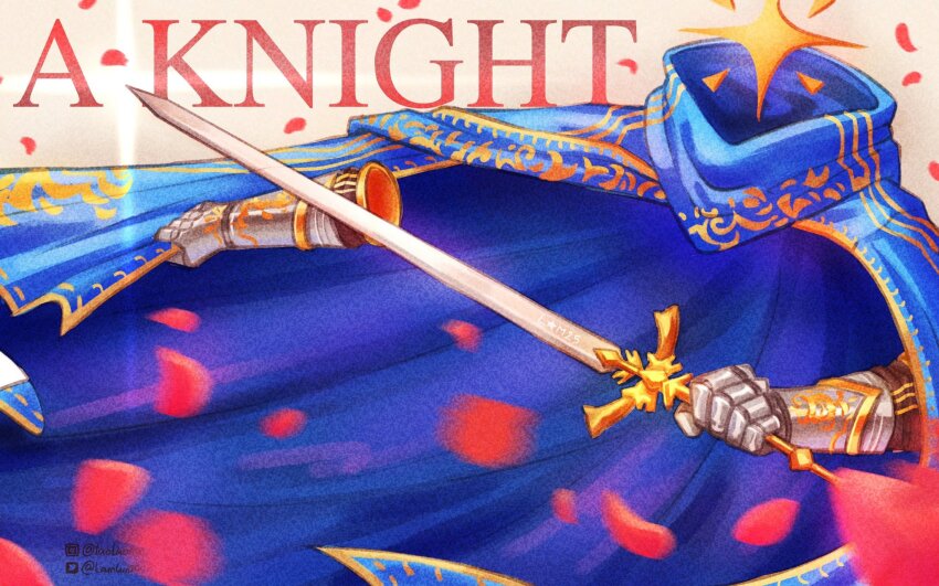 1boy a_knight_(reverse:1999) armor blue_cape brown_background cape character_name falling_petals gauntlets highres holding holding_sword holding_weapon invisible lamlun2002 ornate_armor petals reverse:1999 solo sparkle sword weapon
