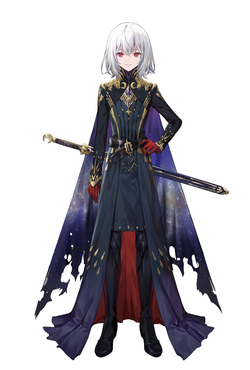 1boy absurdres androgynous arm_at_side azu-taro belt belt_buckle black_belt black_boots black_coat boots buckle cape closed_mouth coat crescent full_body gem gloves gold_trim hair_between_eyes hand_on_own_hip high-low_coat highres indie_virtual_youtuber light_smile long_sleeves looking_at_viewer male_focus medium_hair official_art purple_cape purple_gemstone red_coat red_eyes red_gloves roi_noir sheath sheathed simple_background sleeves_past_wrists solo standing starry_sky_print straight-on sword tachi-e thigh_boots torn_cape torn_clothes turtleneck two-sided_coat two-sided_fabric virtual_youtuber weapon white_background white_hair