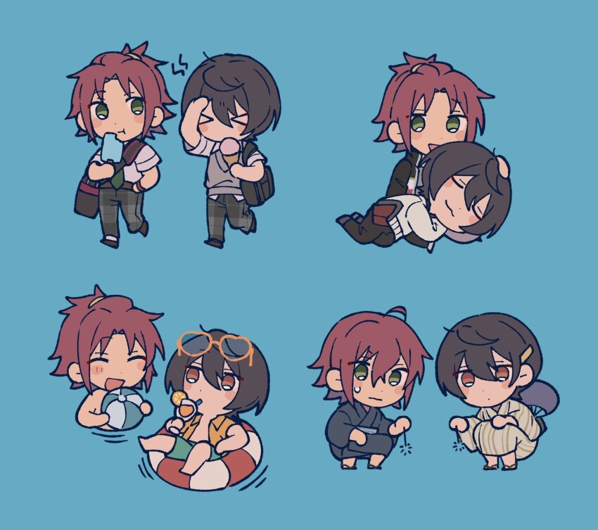 &gt;_&lt; 2boys :3 :t bag ball beachball black_bag black_footwear black_hair black_kimono black_pants blue_background brain_freeze chibi chibi_only closed_eyes collage cowlick dot_nose drinking eating ensemble_stars! eyewear_on_head fireworks food green_eyes green_necktie green_shorts grey_pants grey_sweater_vest hand_fan hand_on_own_head highres holding holding_ball holding_fireworks holding_food holding_ice_cream holding_popsicle ice_cream implied_yaoi innertube isara_mao japanese_clothes kimono lap_pillow male_focus multiple_boys multiple_views necktie niyororinpayamaru open_clothes open_shirt pants paper_fan plaid_clothes plaid_pants popsicle red_eyes red_hair sakuma_ritsu school_uniform shirt shoes shorts shoulder_bag simple_background sparkler striped_clothes striped_kimono summer_uniform sweater sweater_vest swim_ring swimming u_u white_sweater yellow_shirt yukata yumenosaki_school_uniform