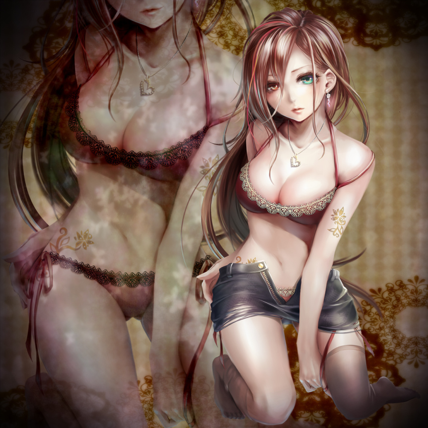 1girl bra breasts brown_hair cleavage earrings green_eyes heart heart_necklace heterochromia ifuudoudou_(vocaloid) jewelry large_breasts lingerie lma long_hair miniskirt multicolored_hair necklace original panties pantyshot red_bra red_eyes red_panties single_thighhigh skirt streaked_hair tattoo thighhighs underwear upskirt vocaloid zoom_layer