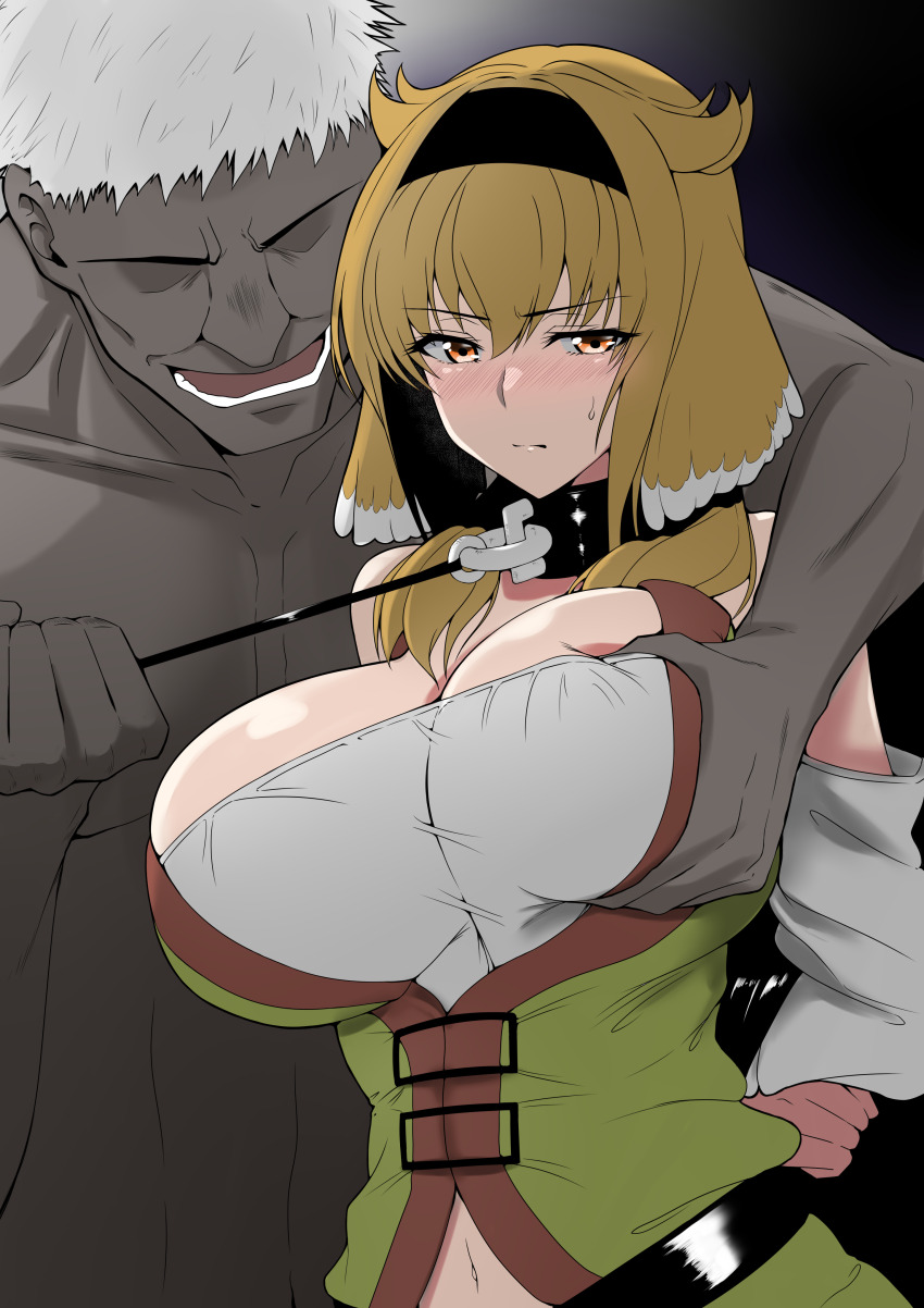 1boy 1girl absurdres animal_ears arms_behind_back bare_shoulders black_collar black_hairband blush bound bound_arms breasts cleavage collar detached_sleeves dog_ears dog_girl grabbed_breast_over_shoulder grabbing_another&#039;s_breast groping hairband highres isekai_meikyuu_de_harem_wo large_breasts navel orange_eyes orange_hair restrained roxanne_(isekai_meikyuu_de_harem_wo) shirt short_hair slave upper_body yamada_hatsune