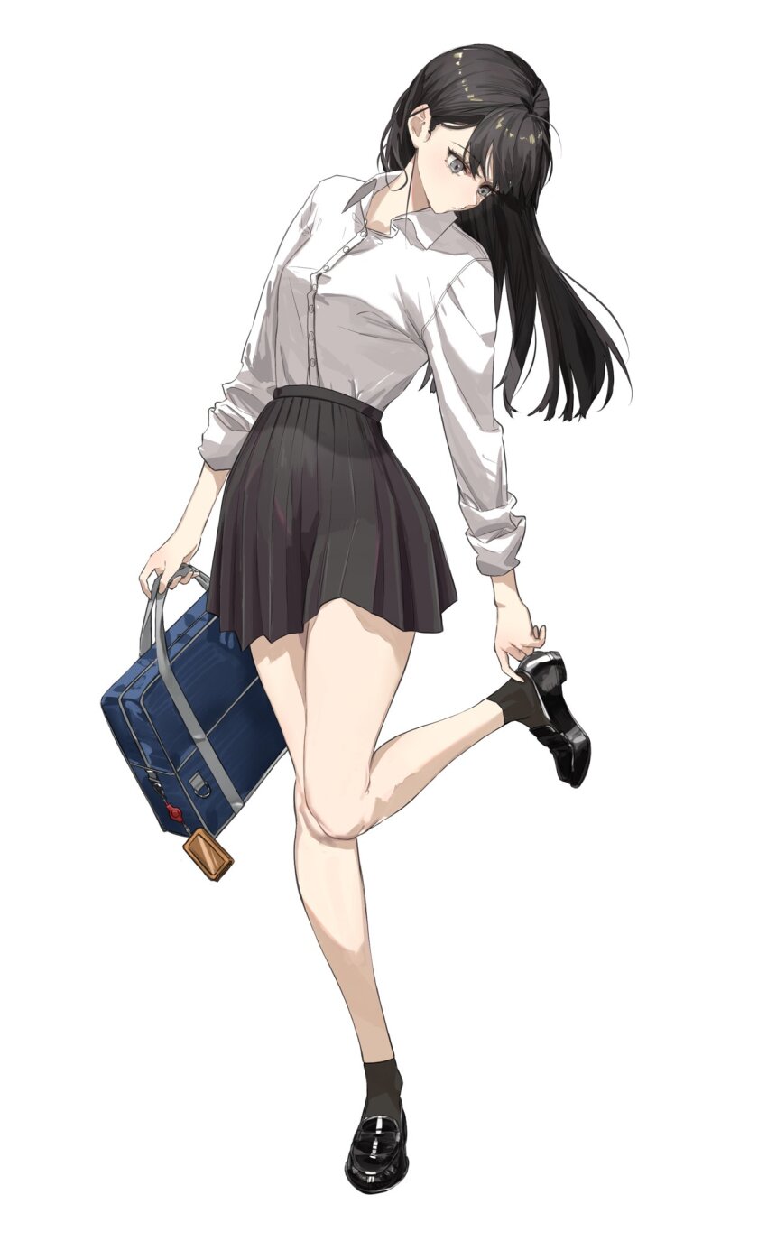 1girl bag black_eyes black_hair black_shoes black_skirt black_socks breasts closed_mouth collared_shirt dress_shirt full_body highres holding holding_bag leg_up loafers long_hair long_sleeves looking_at_viewer looking_down original pleated_skirt sawatani_(_swt2) school_bag school_uniform shirt shirt_tucked_in shoes simple_background skirt slip-on_shoes socks solo standing standing_on_one_leg white_background white_shirt