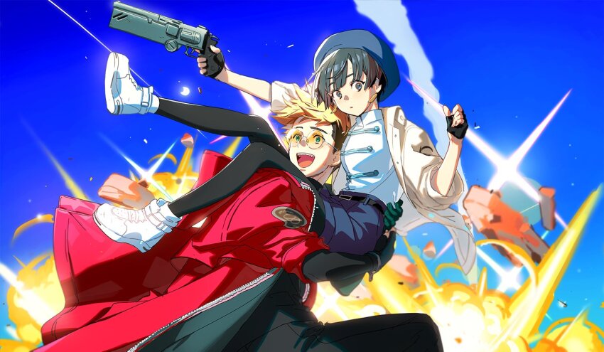 1boy 1girl :d agl_arms_.45_long_colt belt beret black_belt black_eyes black_gloves black_hair black_leggings black_pants black_shirt blonde_hair blue_eyes blue_headwear blue_shorts break-action_revolver carrying cowboy_shot day earrings explosion fingerless_gloves full_body glasses gloves gun half_gloves handgun hat holding holding_gun holding_weapon jacket jewelry leggings looking_at_viewer low_bore_axis_revolver meryl_stryfe mole mole_under_eye nonockha open_mouth orange-tinted_eyewear outdoors pants partially_fingerless_gloves princess_carry red_jacket revolver round_eyewear shirt shoes short_hair shorts single_earring sleeves_rolled_up smile teeth tinted_eyewear trigun trigun_stampede undercut upper_teeth_only vash_the_stampede weapon white_footwear white_shirt