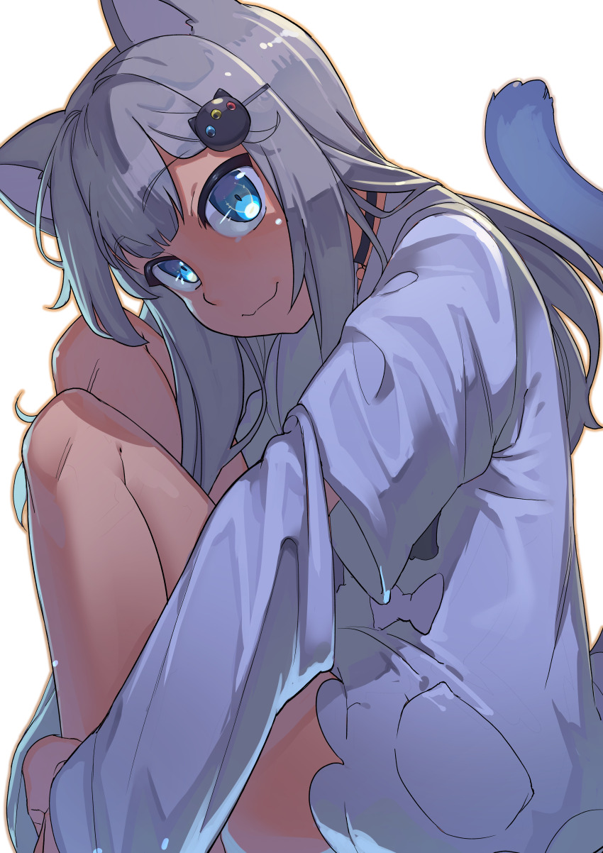 1girl absurdres animal_ears blue_eyes cat_ears cat_girl cat_hair_ornament cat_tail fetal_position hair_ornament highres indie_virtual_youtuber long_hair looking_at_viewer nachoneko orange_outline outline riza23 sitting smile solo tail transparent_background virtual_youtuber
