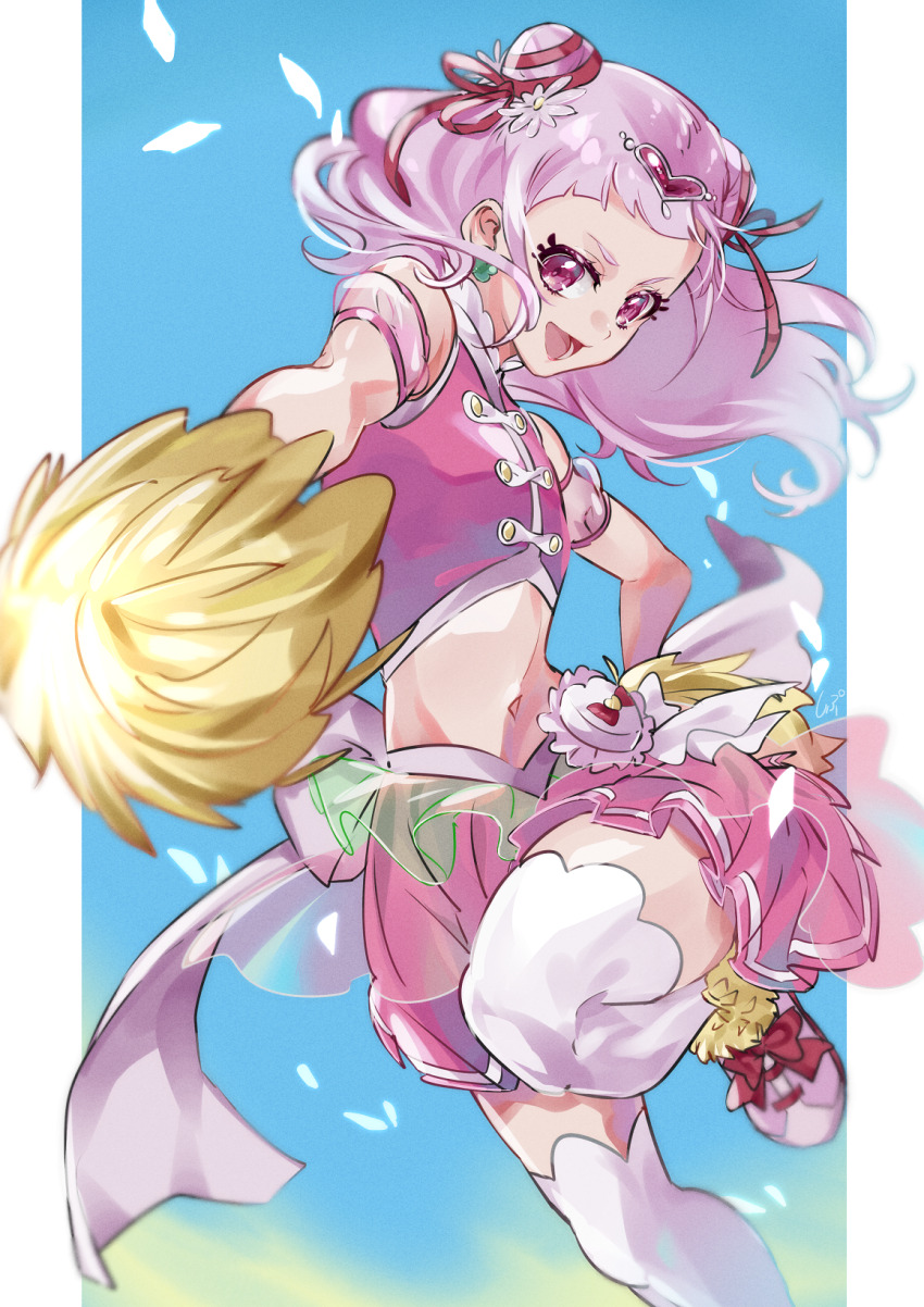 1girl :d blue_background border crop_top cure_yell detached_sleeves earrings floating_hair flower hair_bun hair_flower hair_ornament hair_ribbon heart heart_hair_ornament highres hugtto!_precure jewelry long_hair makeup mascara midriff miniskirt navel open_mouth pillarboxed pink_hair pink_skirt pleated_skirt pom_pom_(cheerleading) precure red_eyes red_ribbon ribbon see-through_clothes see-through_sleeves shipu_(gassyumaron) short_sleeves skirt smile solo standing standing_on_one_leg stomach thighhighs white_border white_flower white_thighhighs zettai_ryouiki