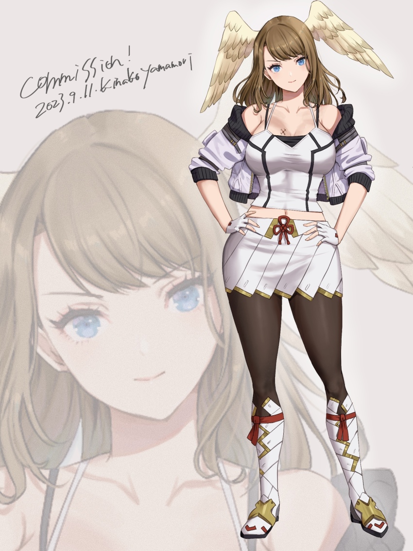 1girl alternate_costume black_pantyhose blue_eyes boots breast_tattoo breasts brown_hair closed_mouth collarbone commentary_request commission cosplay dated eunie_(xenoblade) fingerless_gloves full_body gloves hands_on_own_hips head_wings highres hood hood_down hooded_jacket jacket large_breasts long_hair looking_at_viewer mio_(xenoblade) mio_(xenoblade)_(cosplay) off_shoulder open_clothes open_jacket pantyhose skirt sleeves_rolled_up smile solo swept_bangs tattoo white_boots white_gloves white_jacket white_skirt wings xenoblade_chronicles_(series) xenoblade_chronicles_3 yamamori_kinako
