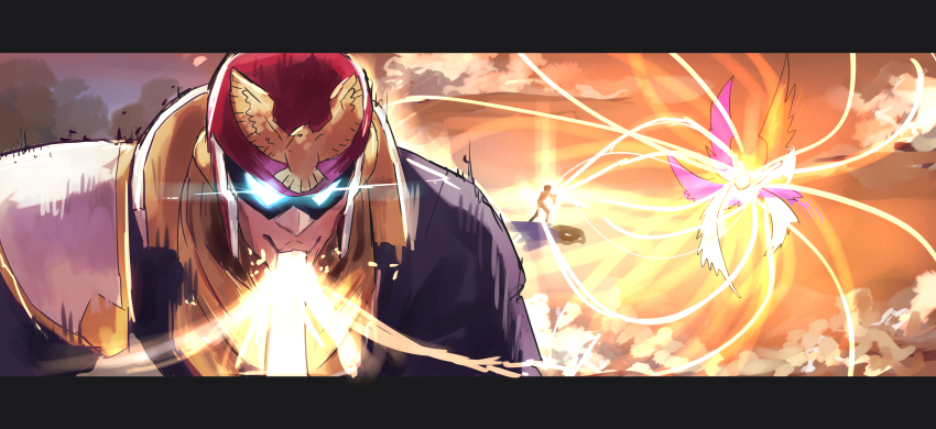 1boy absurdres beam captain_falcon cloud f-zero galeem glowing glowing_eyes helmet highres letterboxed multiple_wings nintendo shiburingaru slurping solo super_smash_bros. twilight wings
