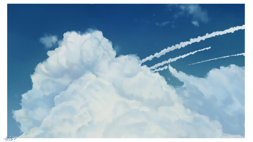 blue_sky border chinese_commentary cloud commentary_request dated day no_humans original sanshui_guantang signature sky sky_focus smoke white_border
