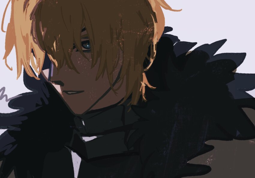 1boy armor black_armor black_fur blonde_hair blue_eyes breastplate dimitri_alexandre_blaiddyd dimitri_alexandre_blaiddyd_(timeskip) domu_(hamadura) eyepatch fire_emblem fire_emblem:_three_houses hair_between_eyes highres looking_ahead male_focus nintendo one_eye_covered parted_lips simple_background solo upper_body white_background