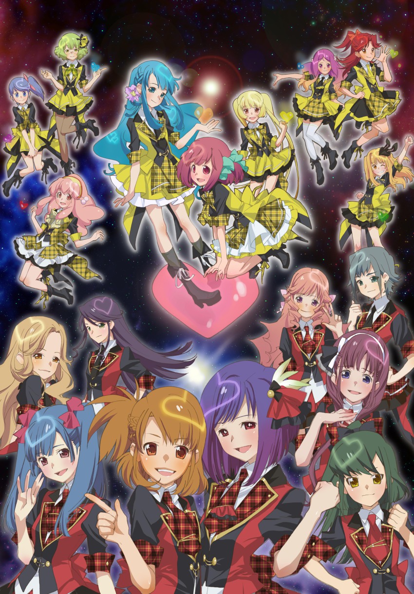 10s 6+girls absurdres aida_orine akb0048 akimoto_sayaka_(akb0048) ebata_risa everyone heart heart-shaped_pupils highres ichijou_yuuka itano_tomomi_(akb0048) kanzaki_suzuko kashiwagi_yuki_(akb0048) kishida_mimori kojima_haruna_(akb0048) looking_at_viewer maeda_atsuko_(akb0048) miyazawa_sae_(akb0048) motomiya_nagisa multiple_girls official_art ooshima_yuuko_(akb0048) ponytail shinonome_kanata shinonome_sonata smile sono_chieri space symbol-shaped_pupils takahashi_minami_(akb0048) uniform unmoving_pattern watanabe_mayu_(akb0048) yokomizo_makoto