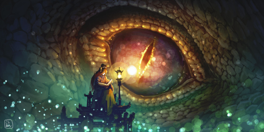 1girl book brown_hair chair commentary_request dark dragon faceless fantasy fireflies hair_bun hair_ornament highres holding holding_book kosian lantern long_hair long_sleeves looking_at_another open_book original reading robe single_hair_bun sitting slit_pupils