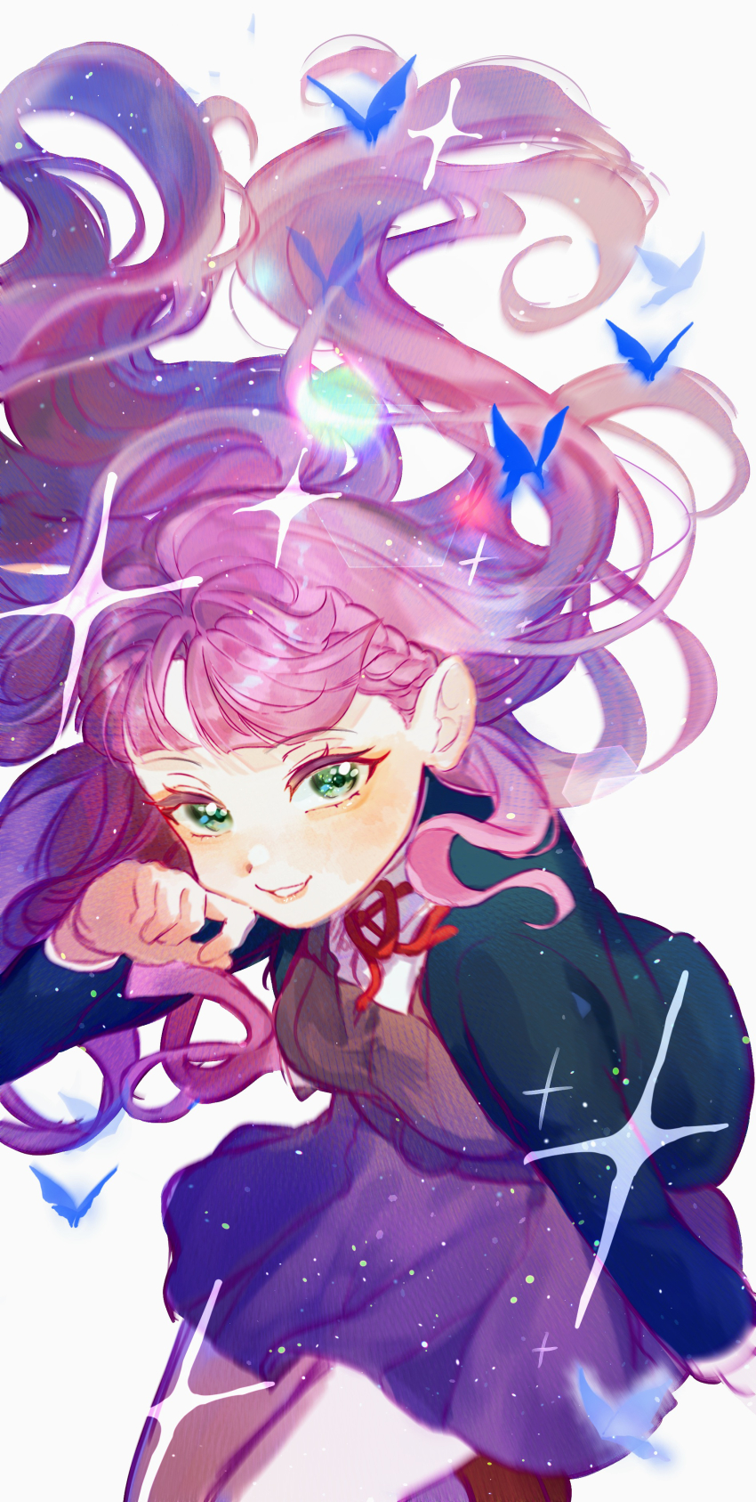 absurdres blush braid bug butterfly dress dress_shirt green_eyes highres insect jacket legs long_hair long_sleeves looking_at_viewer love_live! love_live!_superstar!! neck_ribbon nose purple_hair ribbon school_uniform shirt simple_background skirt smile sparkle sparkling_eyes teeth thighs tsubaki_no_shioyaki wavy_hair white_background wien_margarete yuigaoka_school_uniform