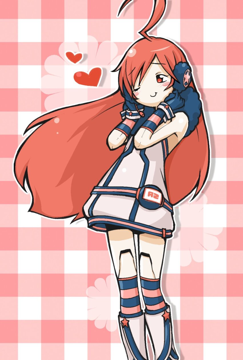 1girl ahoge belt blush_stickers boots dress feet_out_of_frame fur_collar gloves hands_up headphones heart highres huge_ahoge joints kneehighs long_hair looking_to_the_side negiwave2000 one_eye_closed pink_hair plaid_background red_eyes robot_joints sf-a2_miki sleeveless sleeveless_dress smile socks solo striped_clothes striped_gloves striped_socks very_long_hair vocaloid wrist_cuffs