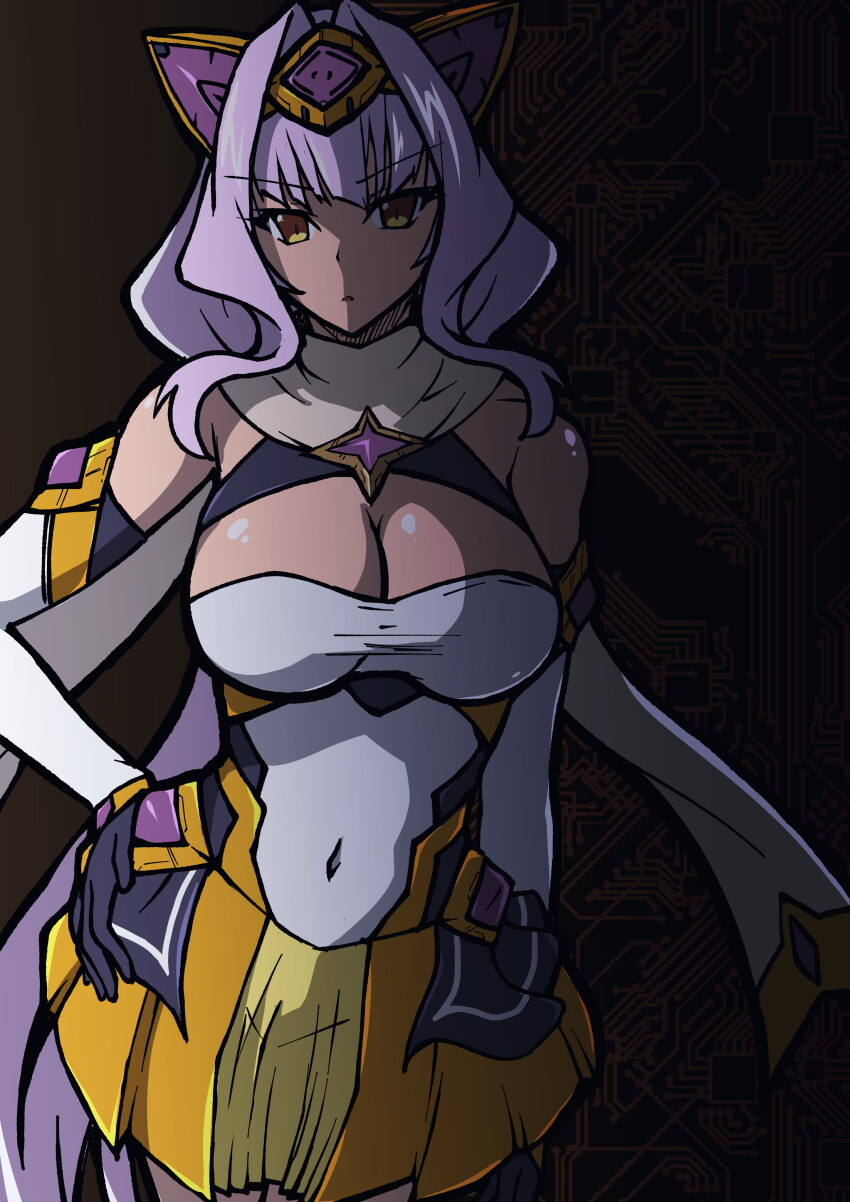 1girl :&lt; absurdres aoi_tabane azarin_(kouyoku_senki_exs-tia) bare_shoulders black_gloves breasts cleavage cleavage_cutout clothing_cutout covered_navel cowboy_shot detached_sleeves elbow_gloves exs-tia_magica gloves hair_intakes hand_on_own_hip headgear highres kouyoku_senki_exs-tia large_breasts long_hair looking_at_viewer magical_girl purple_hair scarf skirt solo very_long_hair white_scarf yellow_eyes yellow_skirt