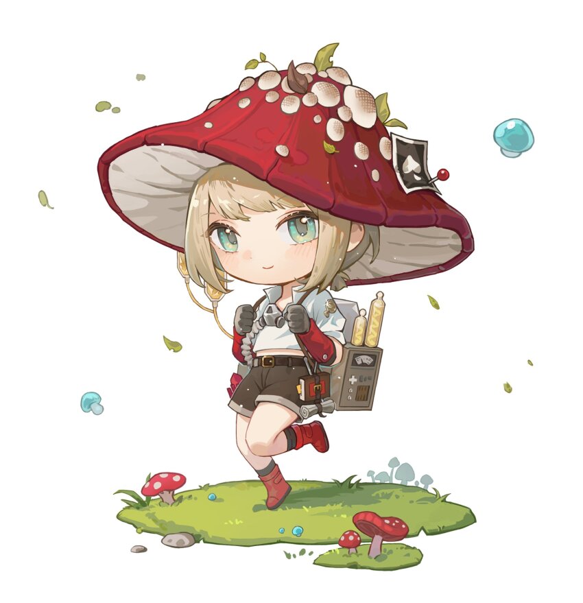 1boy aqua_eyes blonde_hair boots brown_shorts chibi closed_mouth device ezra_theodore falling_leaves faux_figurine full_body gloves grass hat highres holding_strap leaf leg_up male_focus mushroom mushroom_hat red_boots red_gloves red_hat reverse:1999 sanzio76 shirt short_hair shorts smile solo standing standing_on_one_leg white_background white_shirt
