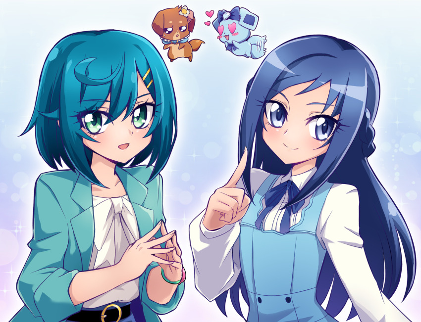 2girls 2others belt blue_bow blue_dress blue_eyes blue_hair blue_jacket blue_skirt bow braid delicious_party_precure dog dokidoki!_precure dress dress_shirt fuwa_kokone highres hishikawa_rikka jacket long_sleeves looking_at_viewer multiple_girls multiple_others pam-pam pinafore_dress precure rakeru_(dokidoki!_precure) shirt short_hair side_braid skirt sleeveless sleeveless_dress smile trait_connection upper_body usoco white_shirt