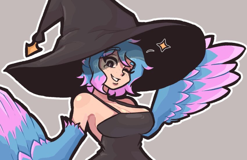 1girl bare_shoulders blue_feathers blue_hair blue_wings breasts bright_pupils cleavage commentary english_commentary feathered_wings feathers freckles grey_background harpy hat large_breasts looking_at_viewer medium_hair monster_girl moonlightwn multicolored_hair one_eye_closed original oversized_hat parted_lips pink_eyes pink_feathers pink_hair pink_wings simple_background solo sparkle tori_(bird_maiden) two-tone_hair two-tone_wings white_pupils winged_arms wings witch_hat