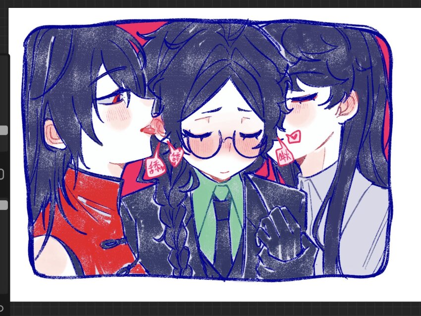3girls aomi_(ooe) bare_shoulders black-framed_eyewear black_gloves black_hair black_necktie blush braid china_dress chinese_clothes closed_eyes dress ear_blush ear_licking eyeliner formal_clothes genderswap genderswap_(mtf) glasses gloves green_shirt grey_shirt holding_hands kissing_ear licking long_hair makeup multiple_girls necktie ooe_(game) oosaki_(ooe) procreate_(software) qq_tatsumi red_eyeliner red_eyes round_eyewear shinbashi_(ooe) shirt short_eyebrows simple_background single_braid smile sound_effects suit uncommon_stimulation yuri