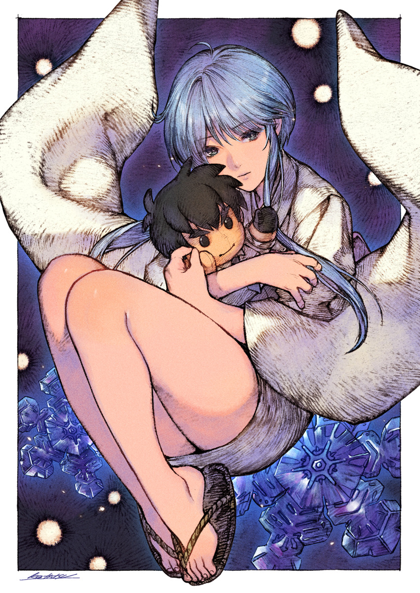 1girl blue_eyes blue_hair border character_doll closed_mouth commentary_request doll floating_sleeves full_body highres japanese_clothes jigoku_sensei_nube kimono kotatsu_(g-rough) looking_at_viewer nueno_meisuke sandals short_hair short_hair_with_long_locks snowflakes snowing white_border white_kimono wide_sleeves yukime_(jigoku_sensei_nube)