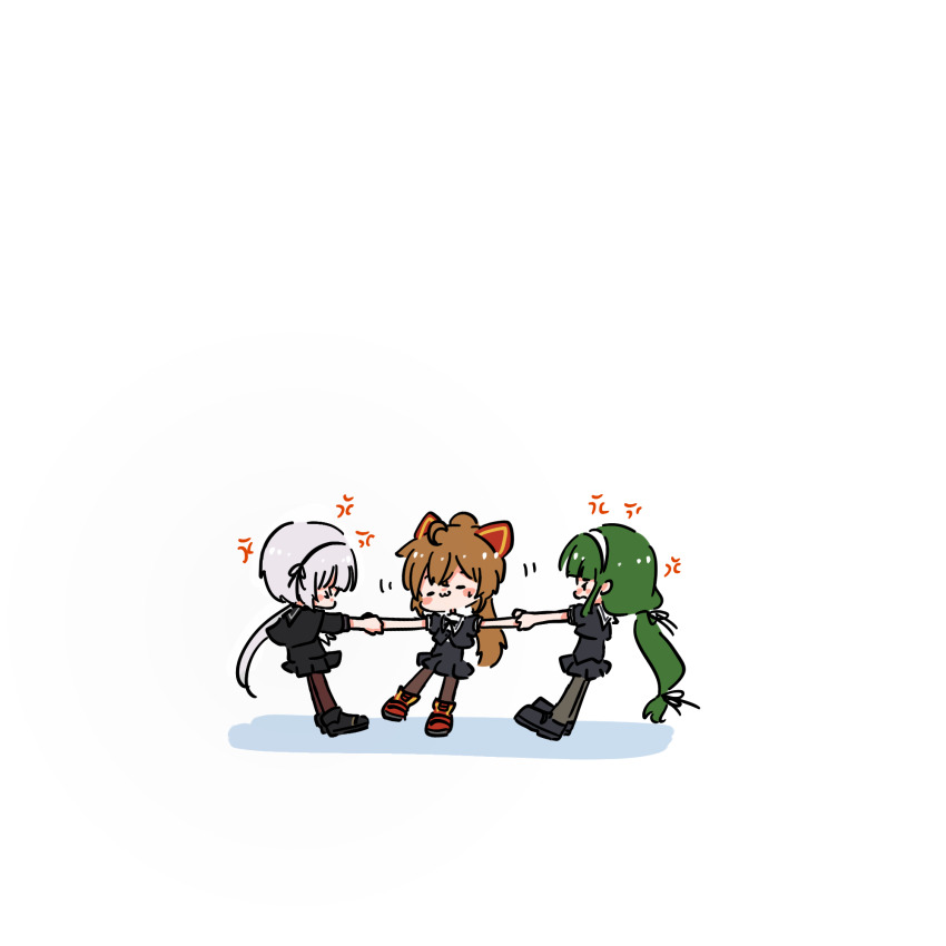 &gt;_&lt; 3girls :3 =_= ahoge anger_vein animal_ears ankle_boots assault_lily black_capelet black_footwear black_hairband black_ribbon black_sailor_collar black_shirt black_skirt blunt_bangs blush boots brown_pantyhose capelet cat_ears chibi closed_eyes commentary_request cropped_jacket fake_animal_ears fighting grabbing_another&#039;s_arm green_hair grey_hair grey_pantyhose hair_ribbon hairband hands_up hasebe_touka high_ponytail highres kondou_misaka loafers long_hair looking_at_another low-tied_long_hair low_ponytail miniskirt motion_lines multiple_girls no_mouth open_mouth outstretched_arms pantyhose pleated_skirt ponytail profile pulling red_footwear ribbon sailor_collar school_uniform serafuku shirt shoes short_sleeves simple_background skirt standing standing_on_one_leg sweatdrop teisuu underbust white_background white_ribbon yamaguchi_chihiro_(assault_lily) yurigaoka_girls_academy_school_uniform