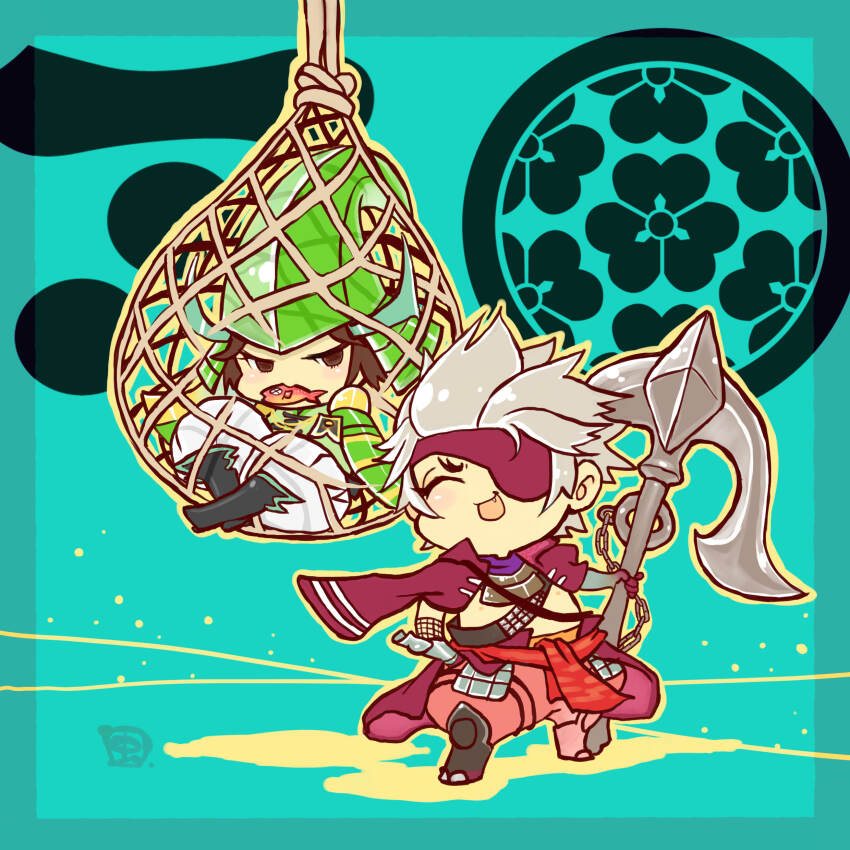 2boys :d ^_^ absurdres anchor aqua_background brown_hair chibi chibi_only chousokabe_motochika_(sengoku_basara) closed_eyes eyepatch fang fish fishing_net grey_hair highres holding holding_anchor jacket jacket_on_shoulders looking_at_another male_focus mouri_motonari_(sengoku_basara) mouth_hold multiple_boys mushimegane333 no_shirt open_mouth pants pink_pants sengoku_basara short_hair smile white_pants