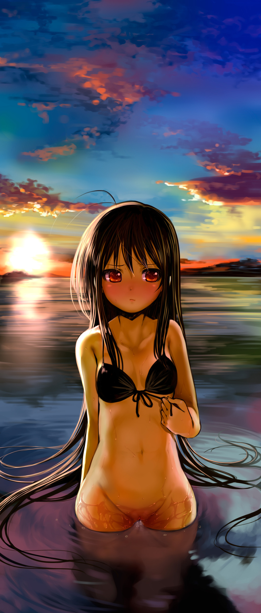 1girl absurdres accel_world antenna_hair bare_shoulders bikini black_bikini black_hair blush bottomless breasts cloud collarbone commentary_request front-tie_top hair_spread_out highres horizon kuroyukihime long_hair mikazuki_akira! navel ocean orange_eyes partially_submerged photoshop_(medium) pussy sidelocks sky small_breasts solo string_bikini swimsuit untying very_long_hair wading water wet