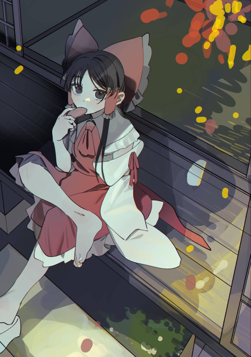 1girl ascot autumn_leaves barefoot black_eyes black_hair bow commentary_request detached_sleeves eating falling_leaves figure_four_sitting food frilled_bow frilled_hair_tubes frills hair_bow hair_tubes hakurei_reimu highres leaf porch red_ascot red_bow red_shirt red_skirt senbei shi_chimi shirt sitting skirt solo touhou