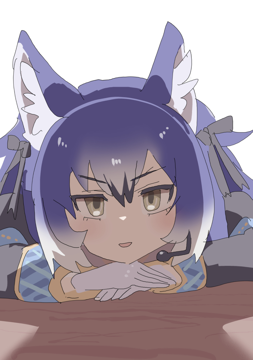 1girl animal_ears black_ribbon blue_hair dire_wolf_(kemono_friends) extra_ears gloves grey_hair highres jacket kemono_friends kemono_friends_v_project long_hair looking_at_viewer microphone nishuu_miri ribbon simple_background solo table twintails virtual_youtuber white_gloves wolf_ears wolf_girl