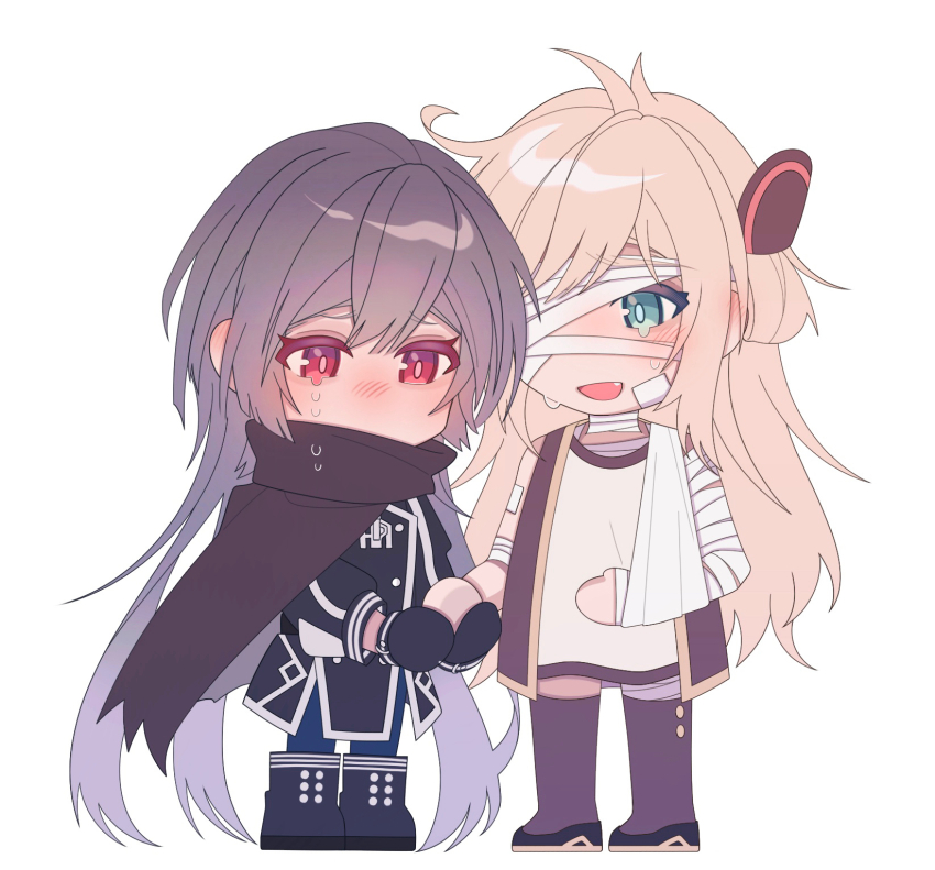 2girls arm_sling bandage_over_one_eye bandaged_arm bandages black_boots black_cape black_coat black_gloves blonde_hair blue_eyes blush boots cape coat commentary_request emptyayya fang geryuganshoop gloves highres holding_hands long_hair multiple_girls open_mouth red_eyes shirt simple_background sky_striker_ace_-_raye sky_striker_ace_-_roze tears thigh_boots white_background white_shirt yu-gi-oh!