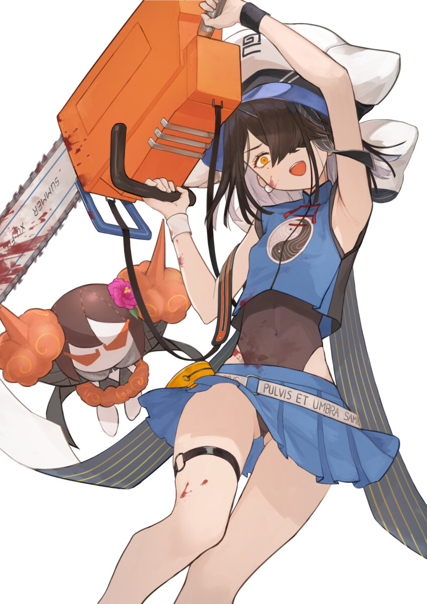 1girl bare_shoulders black_hair black_one-piece_swimsuit blood blue_shirt blue_skirt breasts brown_eyes chainsaw character_doll crop_top doll fate/grand_order fate_(series) hair_over_one_eye hat highres looking_at_viewer miniskirt mole mole_under_eye one-piece_swimsuit open_mouth shirt short_hair skirt sleeveless sleeveless_shirt small_breasts smile solo stuffed_toy swimsuit swimsuit_under_clothes thigh_strap thighs totteri white_hat wristband xu_fu_(fate) xu_fu_(swimsuit_avenger)_(first_ascension)_(fate) yin_yang yin_yang_print yu_mei-ren_(fate)