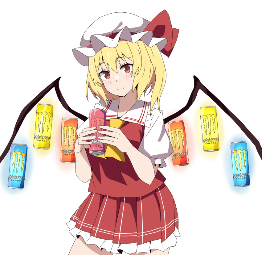 1girl ascot blonde_hair blush can closed_mouth collared_shirt commentary_request drink_can flandre_scarlet frilled_shirt_collar frilled_skirt frills hat hat_ribbon highres looking_at_viewer mob_cap monster_energy one_side_up puffy_short_sleeves puffy_sleeves red_eyes red_skirt red_vest ribbon shirt short_sleeves simple_background skirt skirt_set smile solo touhou to~fuya vest white_background white_hat wings yellow_ascot