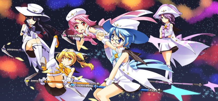 5girls aoi aoi_(houkago_no_pleiades) blush glasses hat hikaru_(houkago_no_pleiades) houkago_no_pleiades itsuki_(houkago_no_pleiades) multiple_girls nanako nanako_(houkago_no_pleiades) shinozuka_atsuto sky star_(sky) starry_sky subaru_(houkago_no_pleiades)
