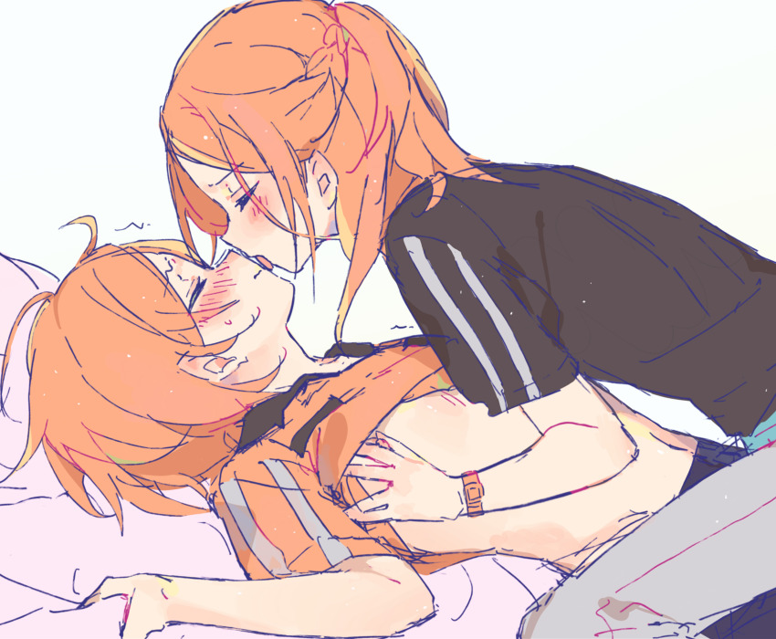 2wink_(ensemble_stars!) absurdres aoi_hinata aoi_yuta bed_sheet black_skirt blush closed_eyes clothes_lift collared_shirt commentary ensemble_stars! face-to-face half_updo highres incest licking licking_another&#039;s_face licking_another&#039;s_lips lying medium_hair nipple_stimulation nipples orange_hair orange_shirt parted_bangs raised_inner_eyebrows sheet_grab shirt shirt_lift short_hair short_sleeves siblings skirt stomach trembling twins wai_01 watch wavy_mouth wristwatch yaoi