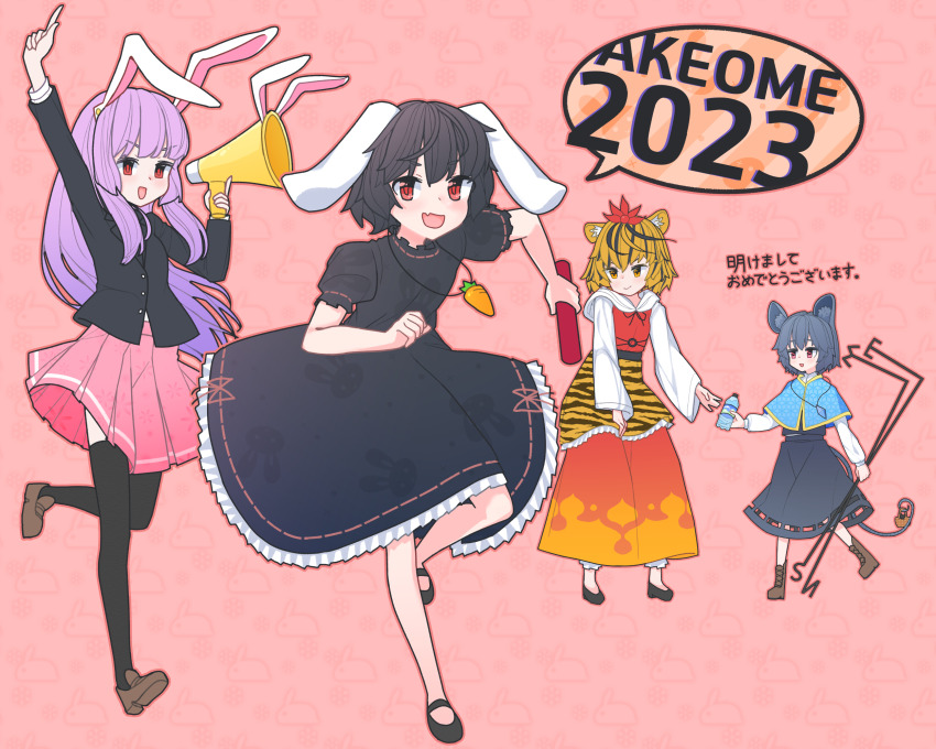 2023 4girls :d alternate_color animal_ears animal_print arm_up belt black_belt black_dress black_footwear black_hair black_jacket black_thighhighs blazer blue_capelet blush bottle capelet carrot_necklace chinese_zodiac commentary_request dowsing_rod dress fang flat_chest floppy_ears frilled_dress frills full_body grey_hair grey_skirt grey_vest highres holding holding_bottle hood hood_down inaba_tewi jacket jewelry long_skirt long_sleeves looking_at_viewer lunatic_gun mary_janes mouse_ears mouse_girl mouse_tail multicolored_hair multiple_girls nazrin necklace o-ring open_mouth orange_hair orange_skirt pendant pink_skirt pleated_skirt pointing pointing_up print_dress purple_hair rabbit_ears rabbit_girl rabbit_print red_eyes reisen_udongein_inaba relay_baton ribbon-trimmed_dress ribbon_trim shirt shoes short_hair skin_fang skirt skirt_set smile streaked_hair tail thighhighs tiger_ears tiger_print toramaru_shou touhou translation_request two-tone_hair vest water_bottle white_shirt wide_sleeves wrevhy year_of_the_rat year_of_the_tiger