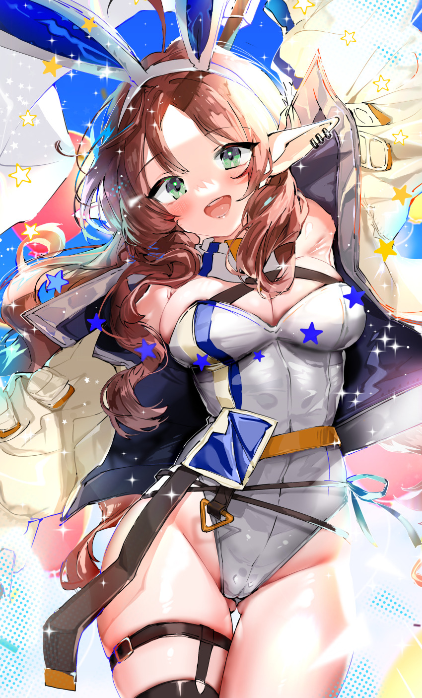1girl absurdres ahoge animal_ears arknights breasts cleavage ear_piercing fake_animal_ears green_eyes groin highres jacket large_breasts leotard long_hair looking_at_viewer myrtle_(arknights) open_clothes open_jacket open_mouth piercing playboy_bunny pointy_ears rabbit_ears red_hair smile solo strapless strapless_leotard tekona0 white_jacket white_leotard
